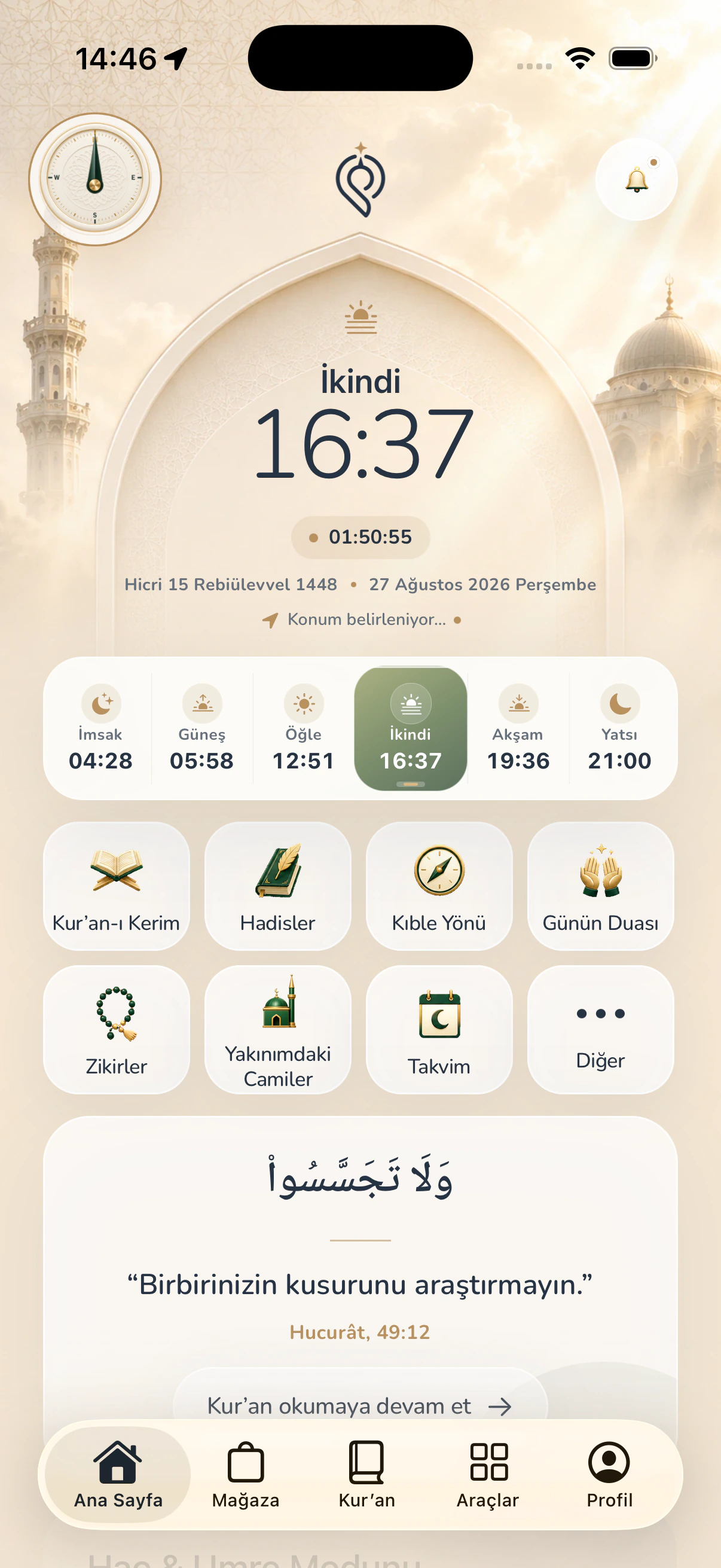 YesirPro günlük ibadet ve yolculuk ana ekranı